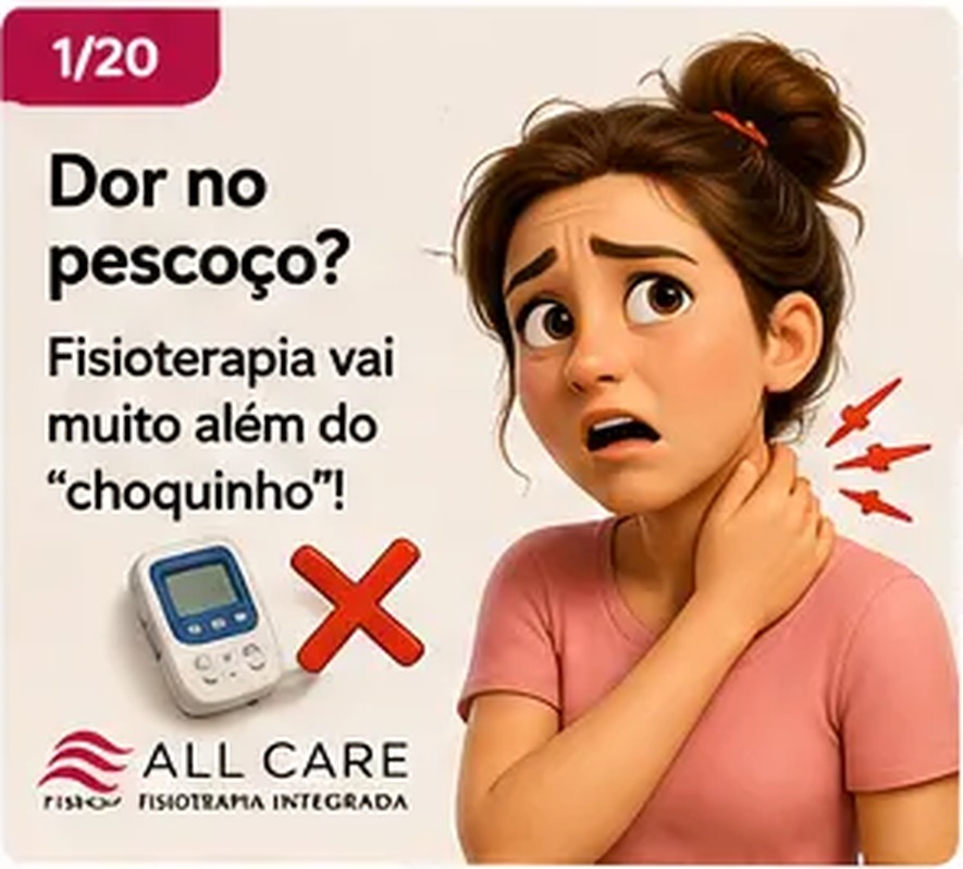 Ilustração de mulher com desconforto no pescoço, com aparelho de eletroterapia ao fundo e outras possibilidades de tratamento ao redor